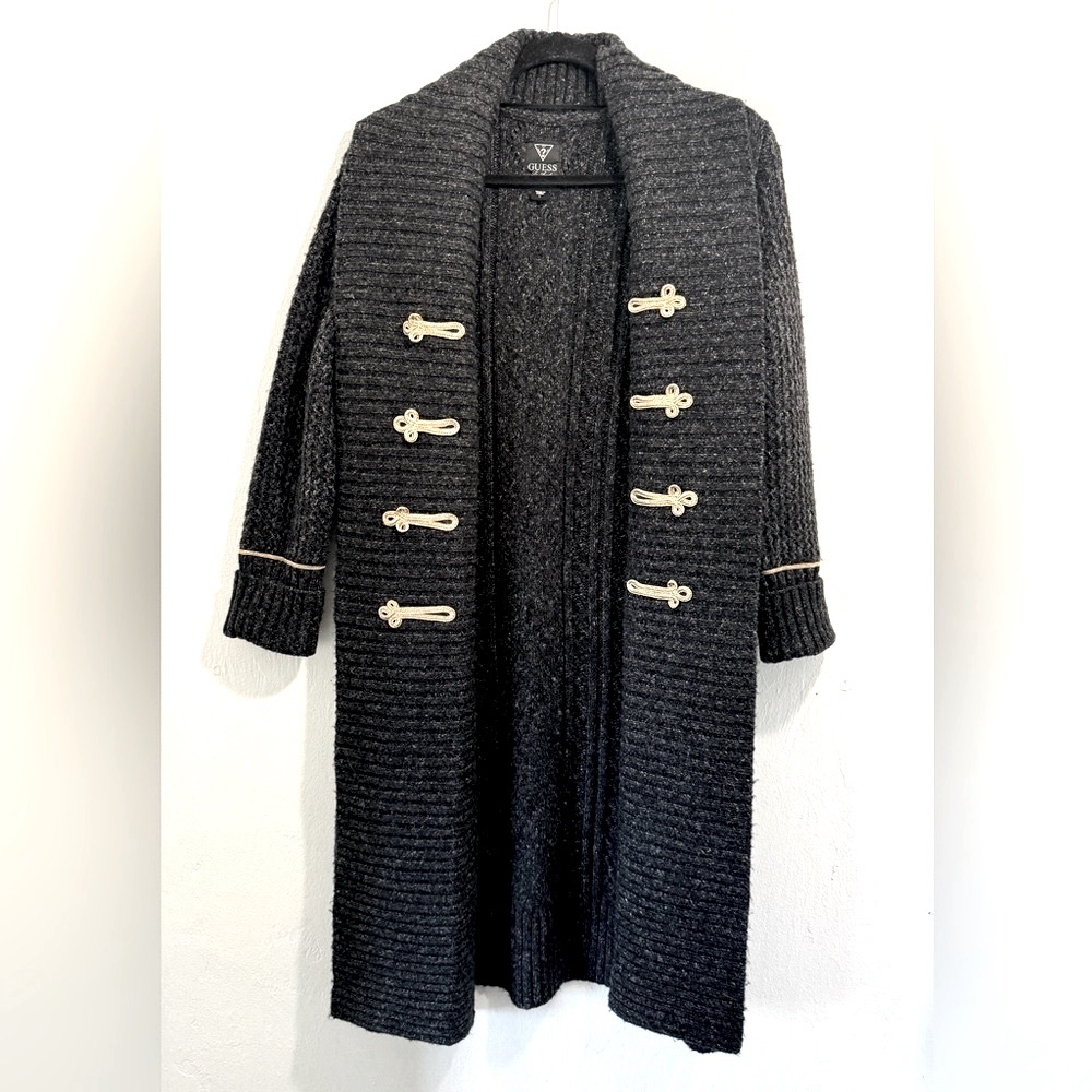 Vtg.Oversized Slouchy Guess -longline black braided open front cardigan.Size L